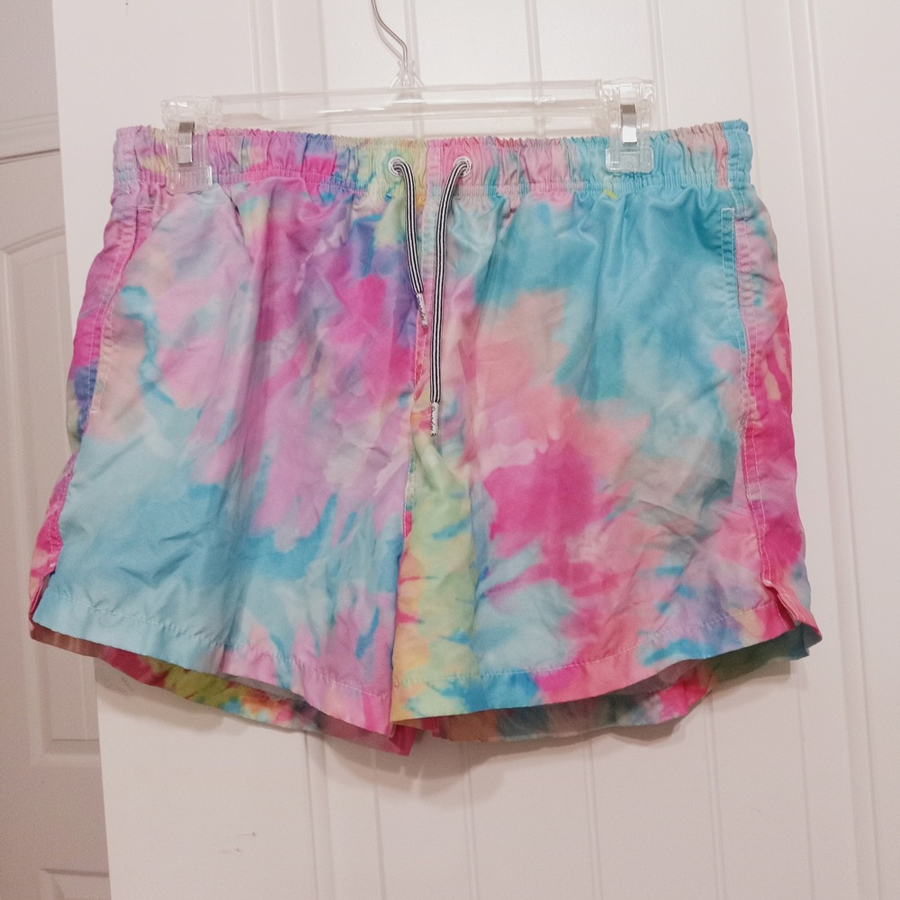 Boardies Apparel Mens Tie Dye Swim Trunks Pastel Pink Blue Yellow Mesh Liner L